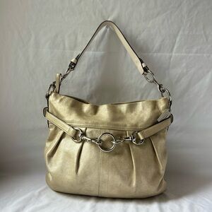 COACH VTG Shimmer Metallic Gold Soft Pleated Goat Suede Belted Hobo Shoulder Bag